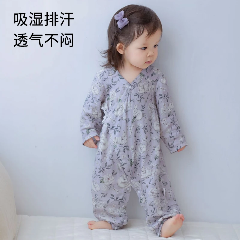 婴儿短袖连体衣夏季薄款男女宝宝衣服新生儿纱布和尚服哈衣空调服