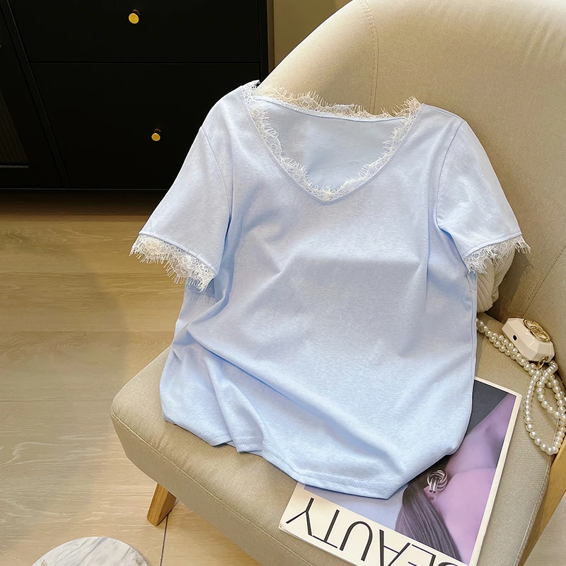 2025新款法式气质蕾丝花边v领短袖T女夏季设计感小个子宽松上衣潮