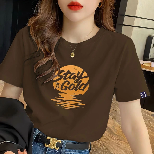 夏季正肩圆领常规短袖T恤女休闲百搭上衣设计感小众体恤小个子