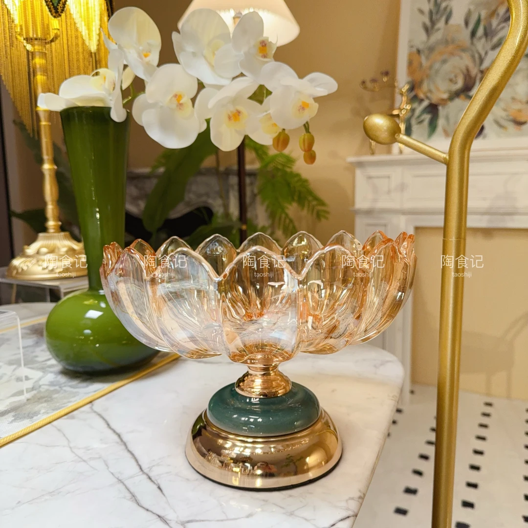 轻奢欧式金属陶瓷底座琥珀玻璃果盘大号家用客厅糖果水果收纳