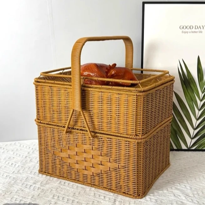 拜神仿藤编手工编织手提篮野餐双层篮子家用长方形拜拜蓝收纳带盖