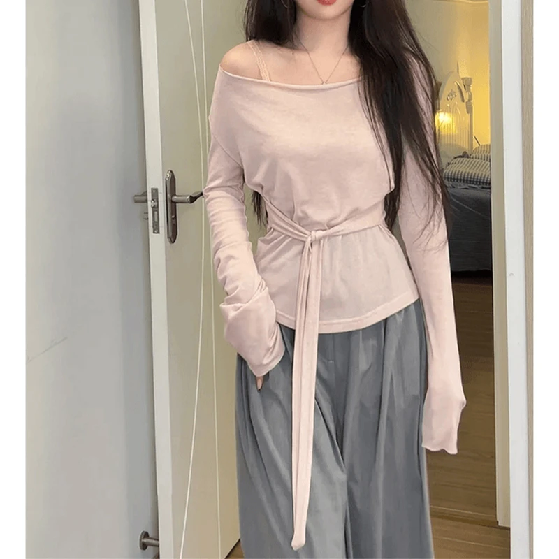 松弛感收腰绑带上衣女春夏薄款微透百搭防晒罩衫宽松显瘦长袖t恤