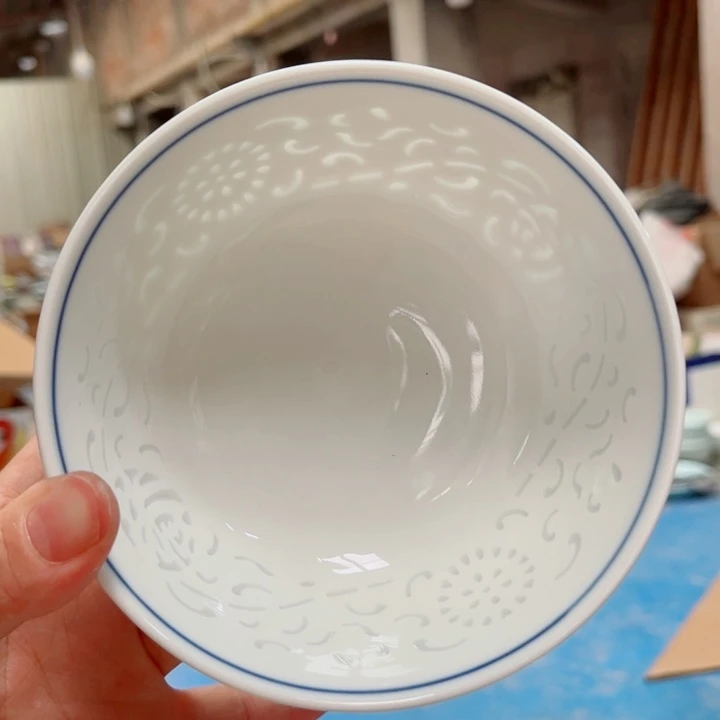 青花玲珑5寸饭碗满雕双福双线