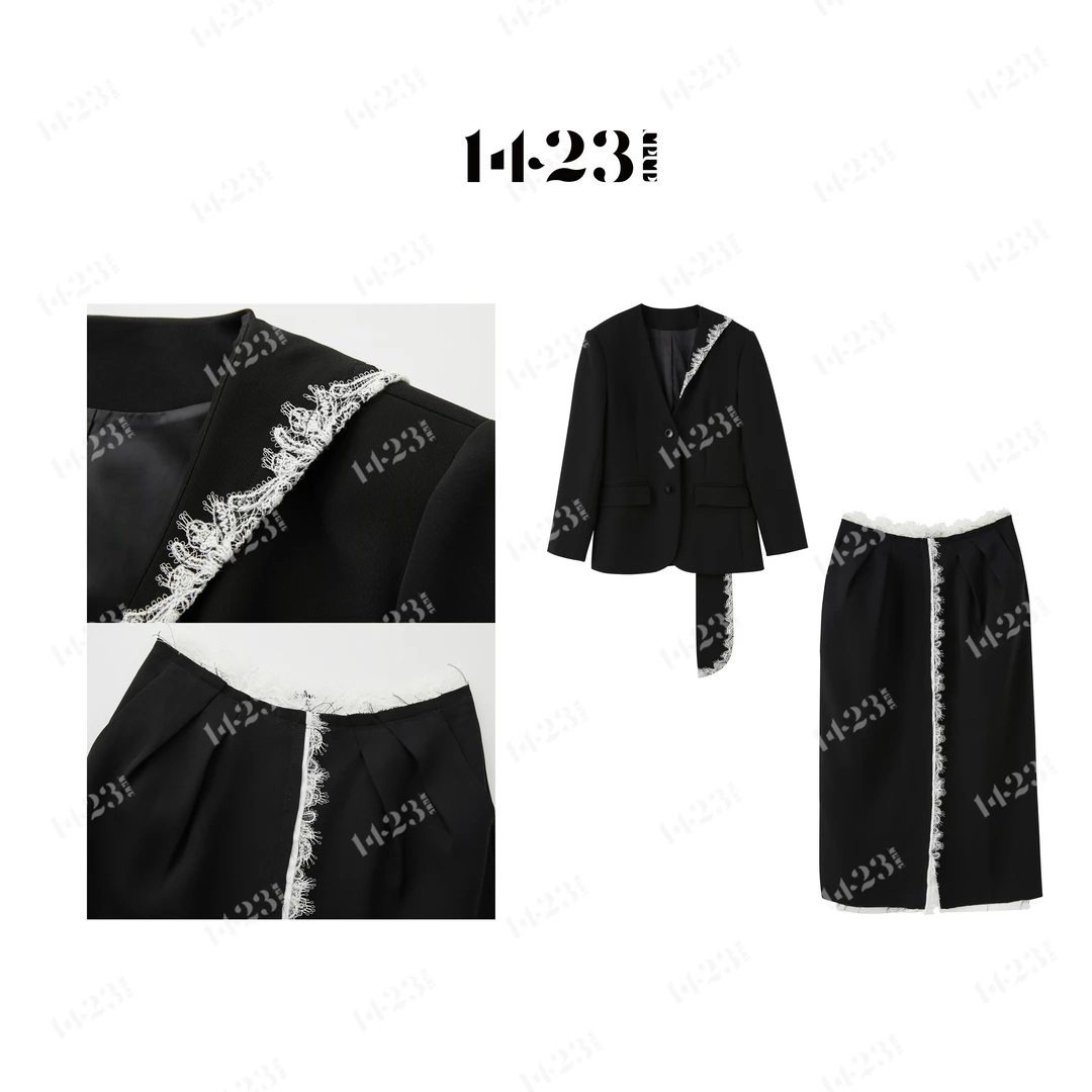 1423【柏林秋日】通勤风时尚百搭蕾丝拼接高贵气质西装&显瘦半裙