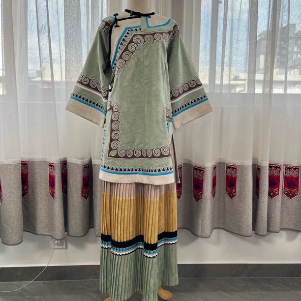 彝饰港民族风青色印花棉麻套装旅拍写真服饰彝族