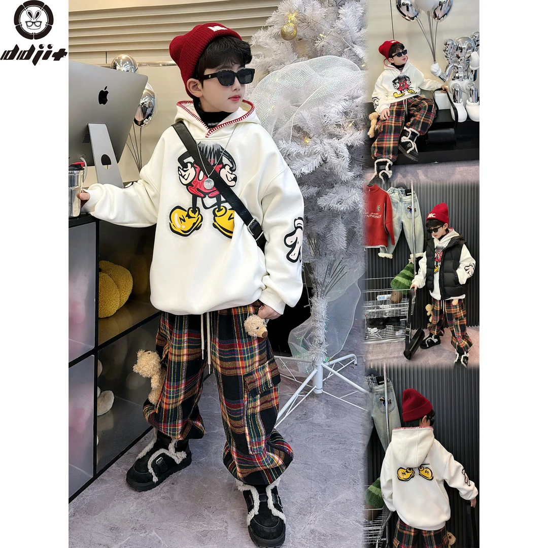 蛋蛋家【白色红边卡通连帽卫衣】冬季新款白色红边卡通连帽加绒卫衣