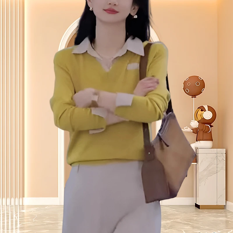 秋冬新款网红洋气炸街女装保暖厚款长袖宽松减龄毛衣针织撞色拼色