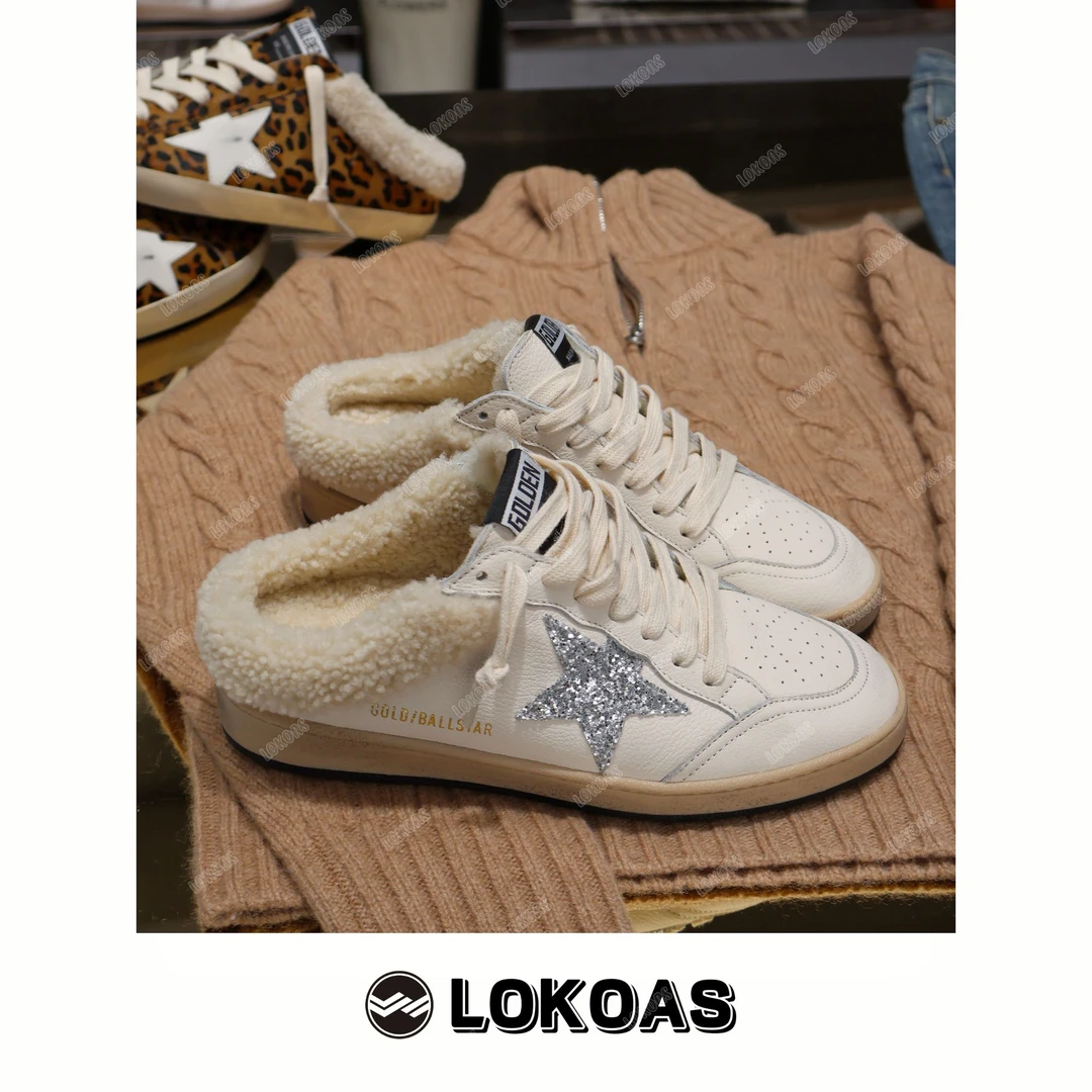 【新品】亮片星星羊毛款休闲外穿拖鞋毛毛包头半拖内增高做旧小脏鞋