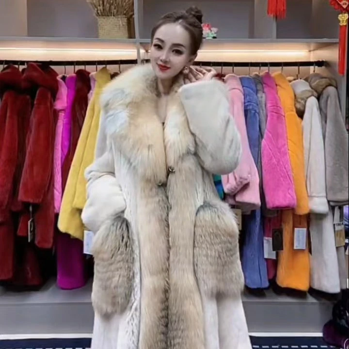 貂皮大衣女整貂长款过膝狐狸毛领时尚大气天鹅绒水貂皮草海宁