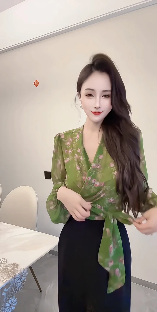 2025夏季新款洋气碎花交叉绑带收腰修身显瘦V领长袖防晒雪纺衫女