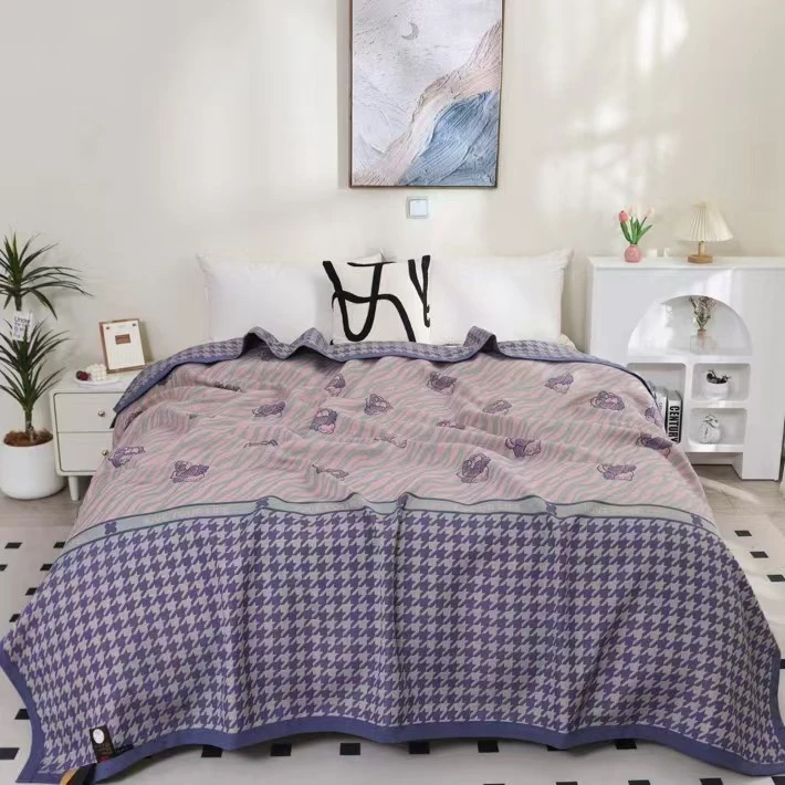 千鸟格玫瑰-紫色织金宋锦纱布床盖2.3*2.5米