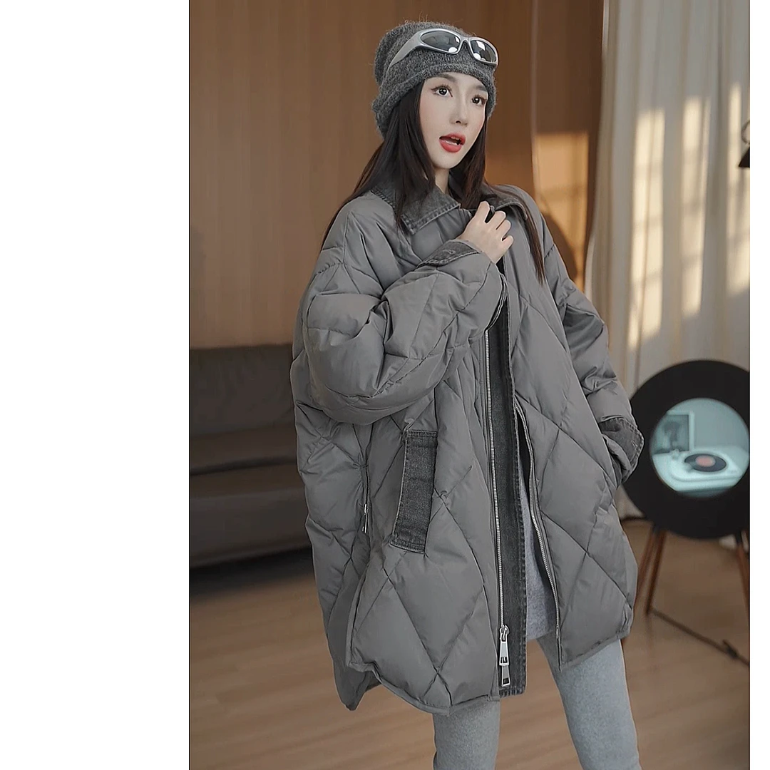 【赵一一】羽绒服新国标90白鸭绒 菱格牛仔拼接外套宽松款Y22602