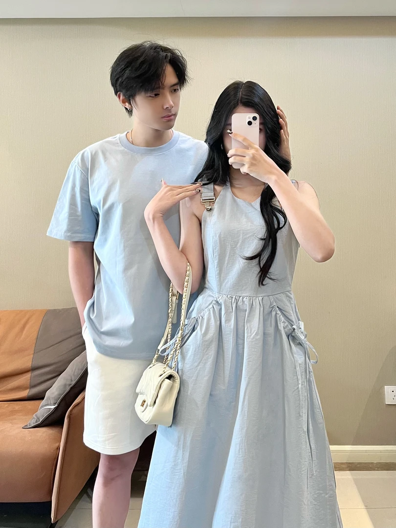 情侣装夏季甜美学院风公主裙休闲时尚法式无袖连衣裙裙子男短袖
