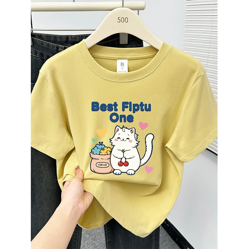 胖MM大码女装圆领短袖t恤夏季新款时尚洋气猫咪印花正肩半袖上衣
