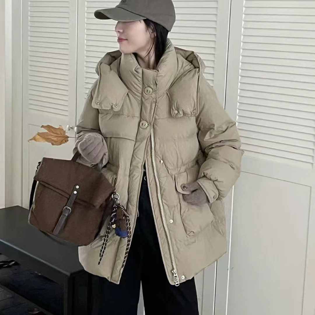 工厂福利款～白鸭绒，连帽收腰长袖中长款羽绒服，均码，百搭，显瘦