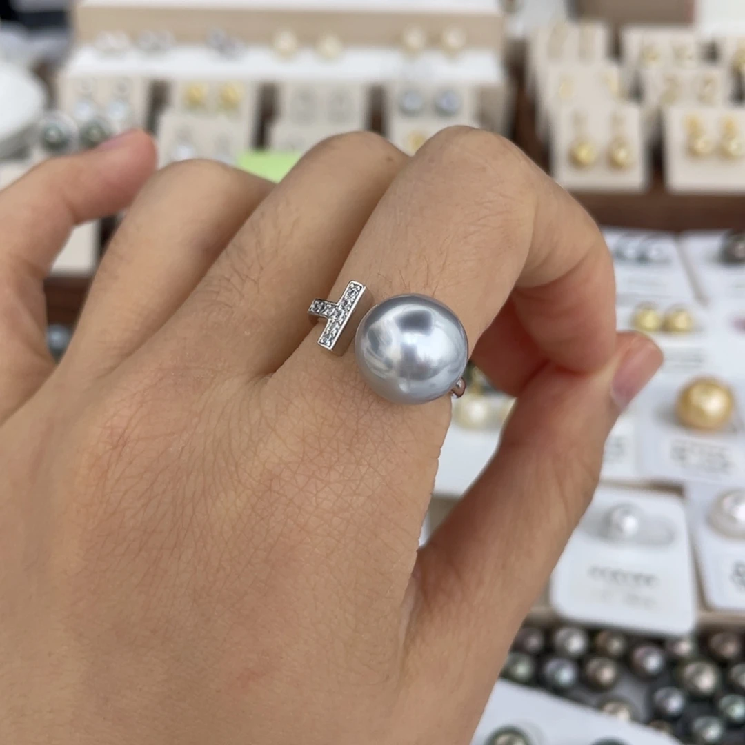海水珍珠银S925镶嵌戒圈大溪地11-12