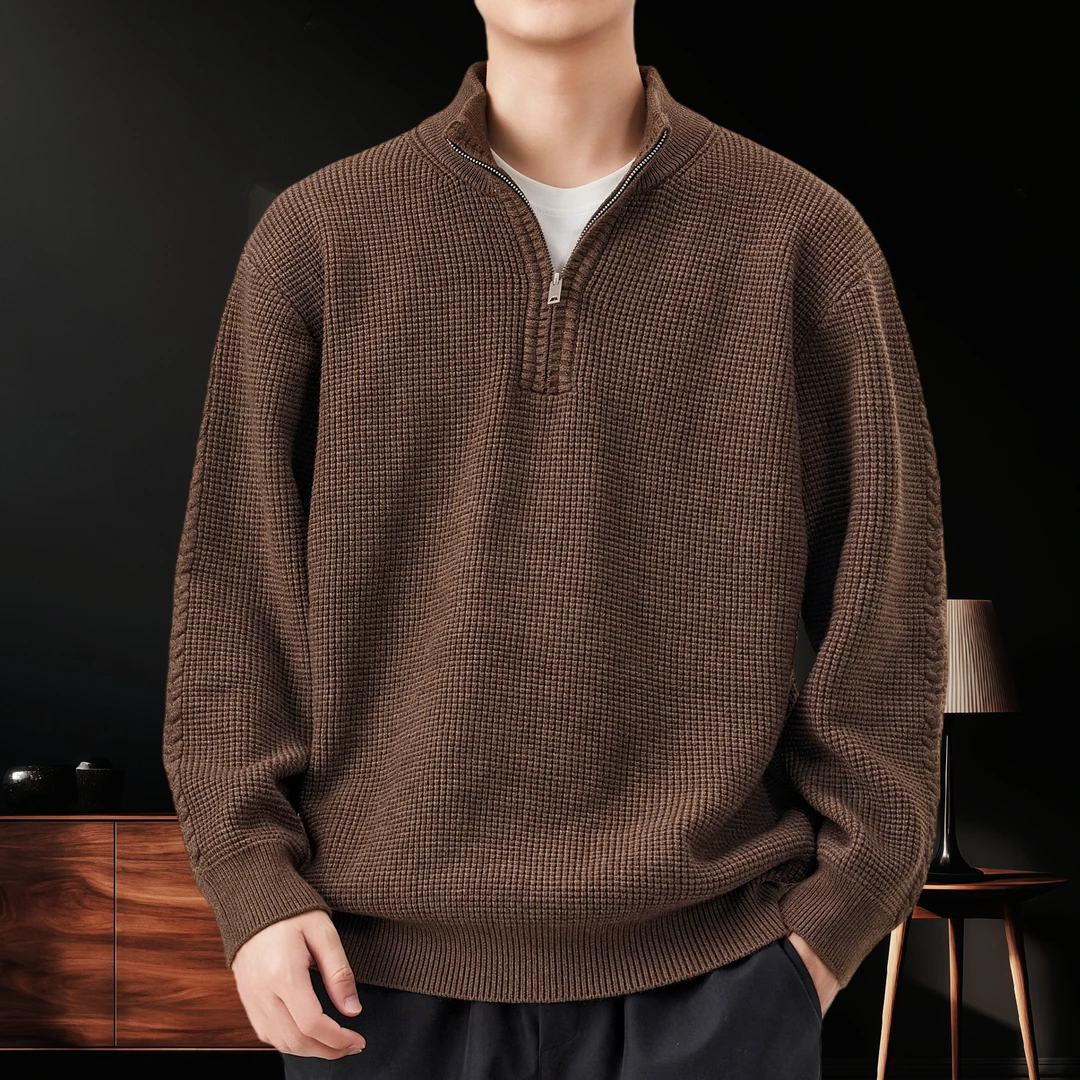 美式复古立领半拉链重磅800g毛衣男秋冬加厚外套潮牌半高领针织衫