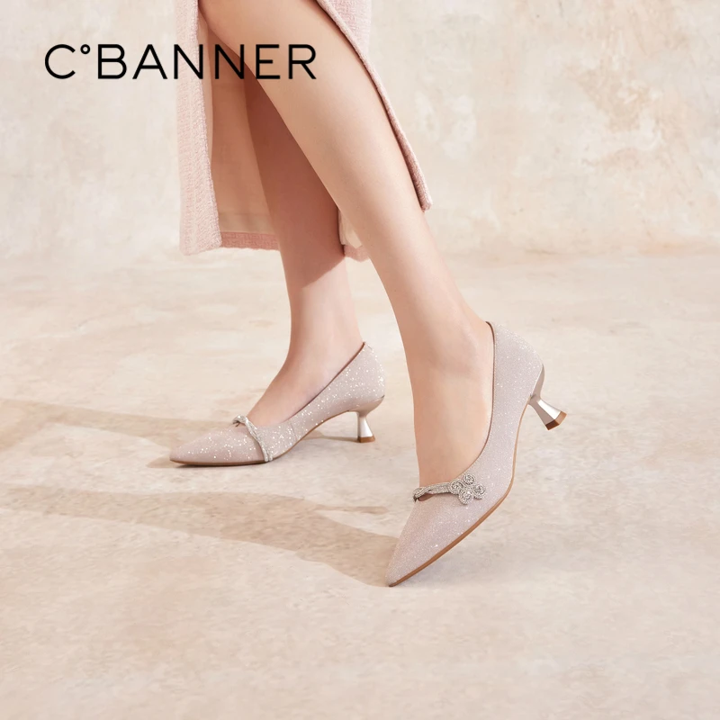 【静音系列】千百度羊皮婚鞋细高跟鞋女秋季钻口法式单鞋A24455816