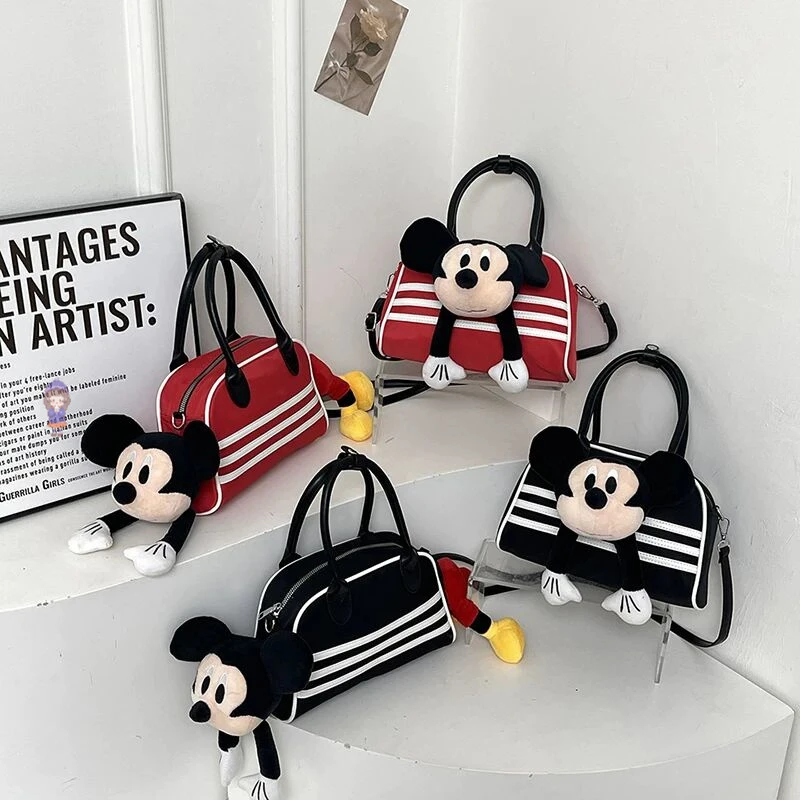 卡通包包女2024秋新款时尚运动风可爱米奇玩偶保龄球包手提健身包