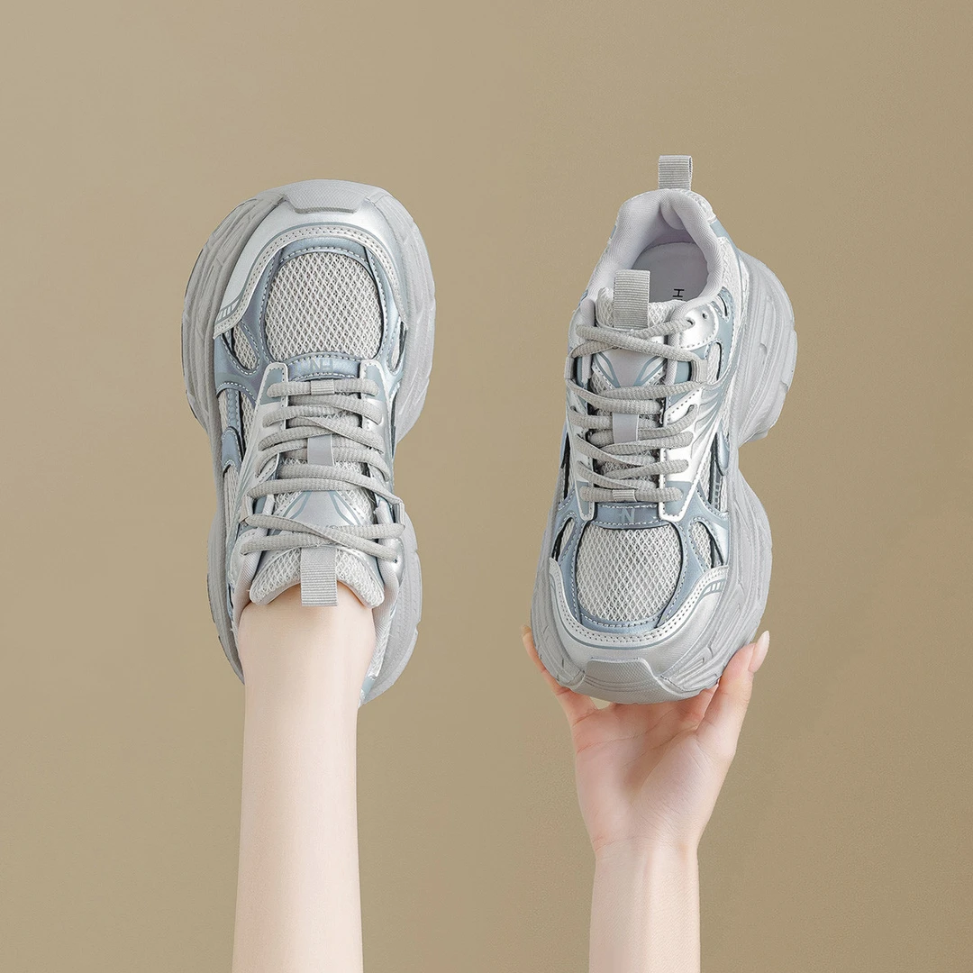 华耐厚底老爹鞋女款2025春秋新款网面透气秋季休闲增高轻便运动鞋