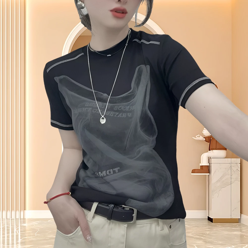 夏季女装欧韩纯棉圆领短袖女款爆款2025新款印花撞色T恤上衣潮酷