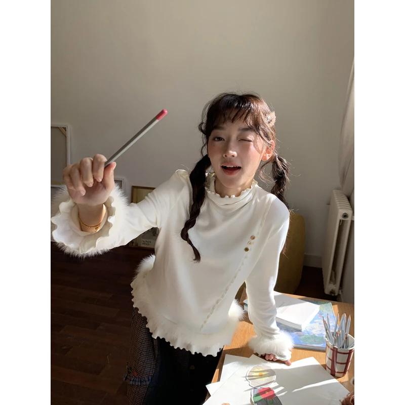 Jiang jam/姜姜姜酱百搭半高领毛绒花边拼接设计感打底衫