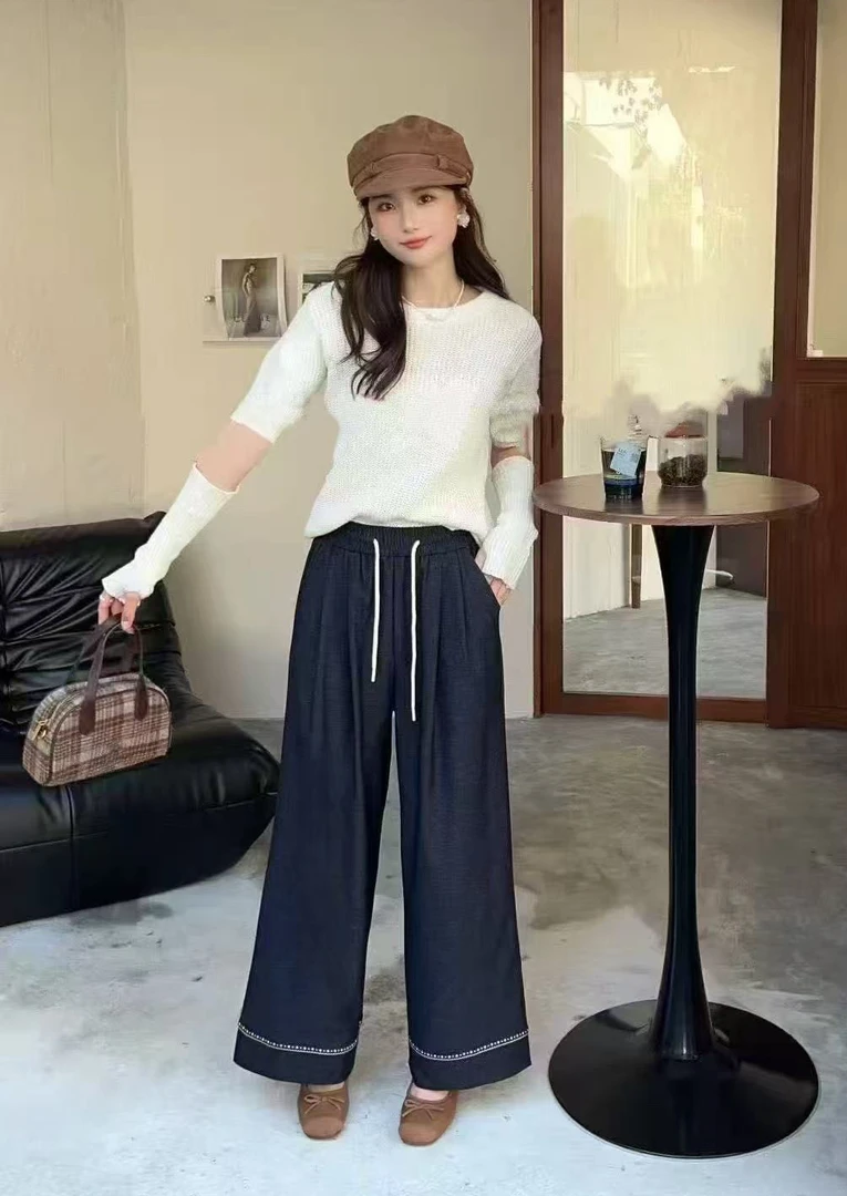 【2606】嘉#松紧腰褶皱直筒宽松休闲裤
