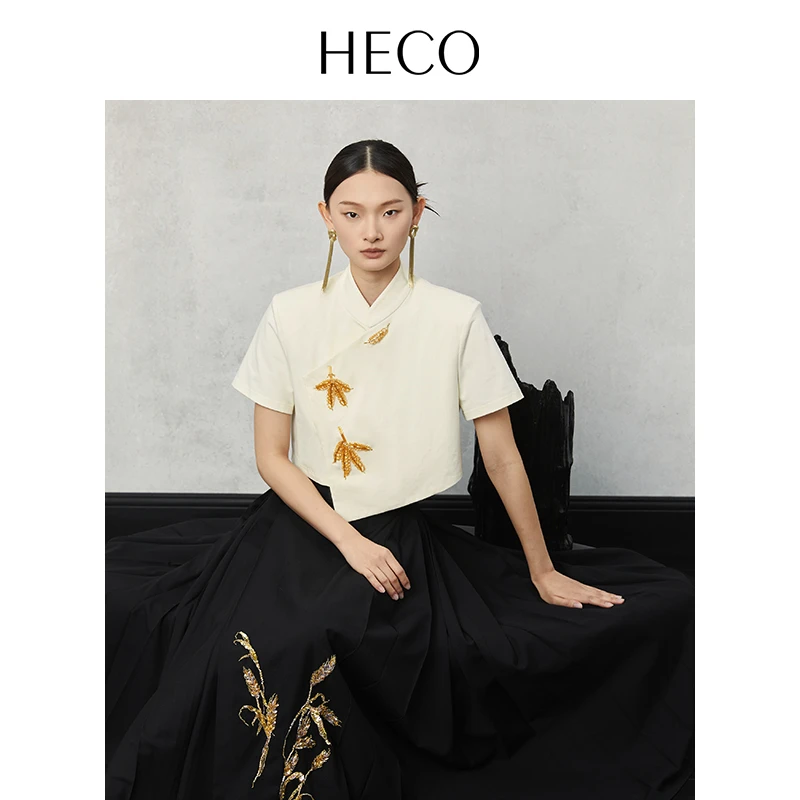 HECO【潇风】新中式国风2025刺绣珠绣中国风短袖T恤夏季复古上衣女