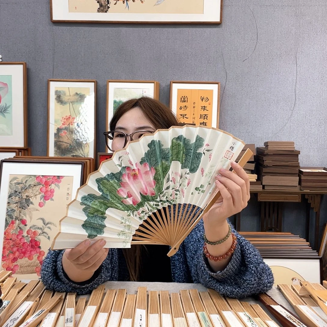 国画8寸玉竹-纯手绘-文玩扇骨（默认粘好）