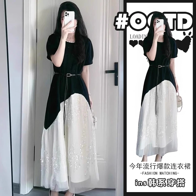 2025今年流行爆款夏季撞色拼接长裙法式气质巨好看的连衣裙女