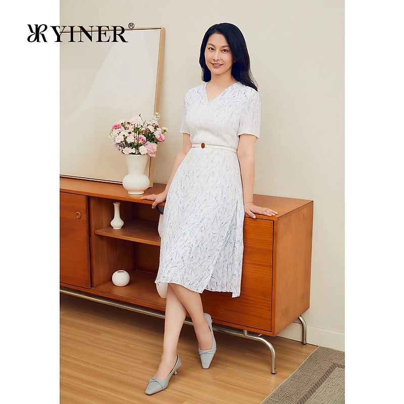 YINER音儿女装夏季法式100桑蚕丝真丝顺纡缎渐变印花连衣裙