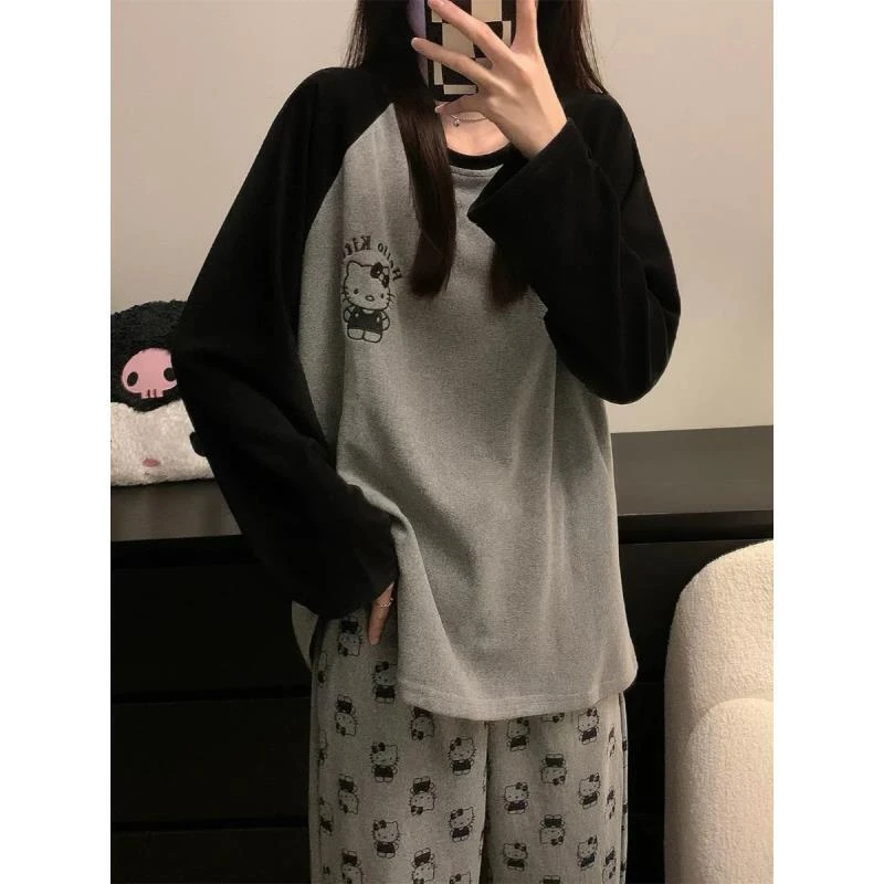 睡衣女冬季新款德绒保暖长袖甜美可外穿家居服套装(萌趣kitty猫)