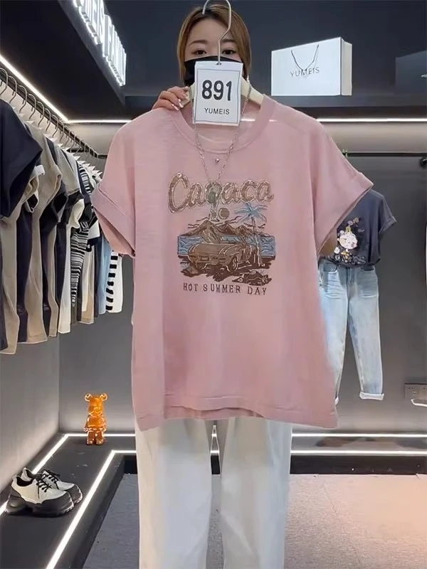 2025春夏新款时尚百搭宽松休闲短袖T恤女设计感小众粉色印花上衣
