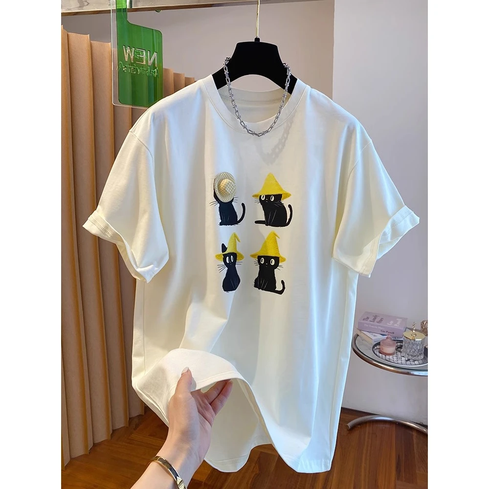 【胖妹妹】大码240斤韩版卡通猫咪印花t恤女短袖2025新款宽松上衣夏