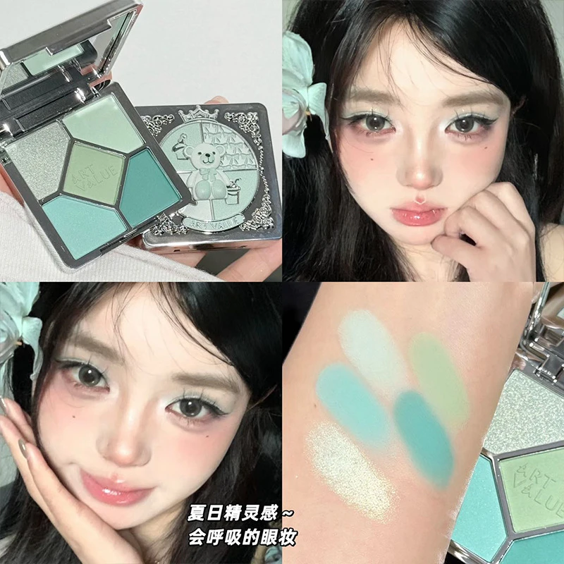 梦幻小熊薄荷精灵感绿色五色眼影盘清凉妆青色低饱和珠哑光细腻