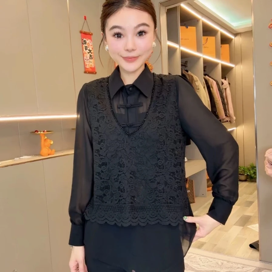 新中式高级感衬衫2025春洋气设计感蕾丝盘扣拼接雪纺衫假两件衬衫