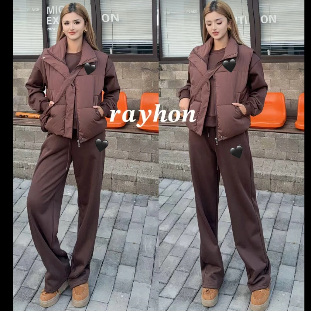 Rayhon时尚显瘦高级加绒上衣裤子马甲套装