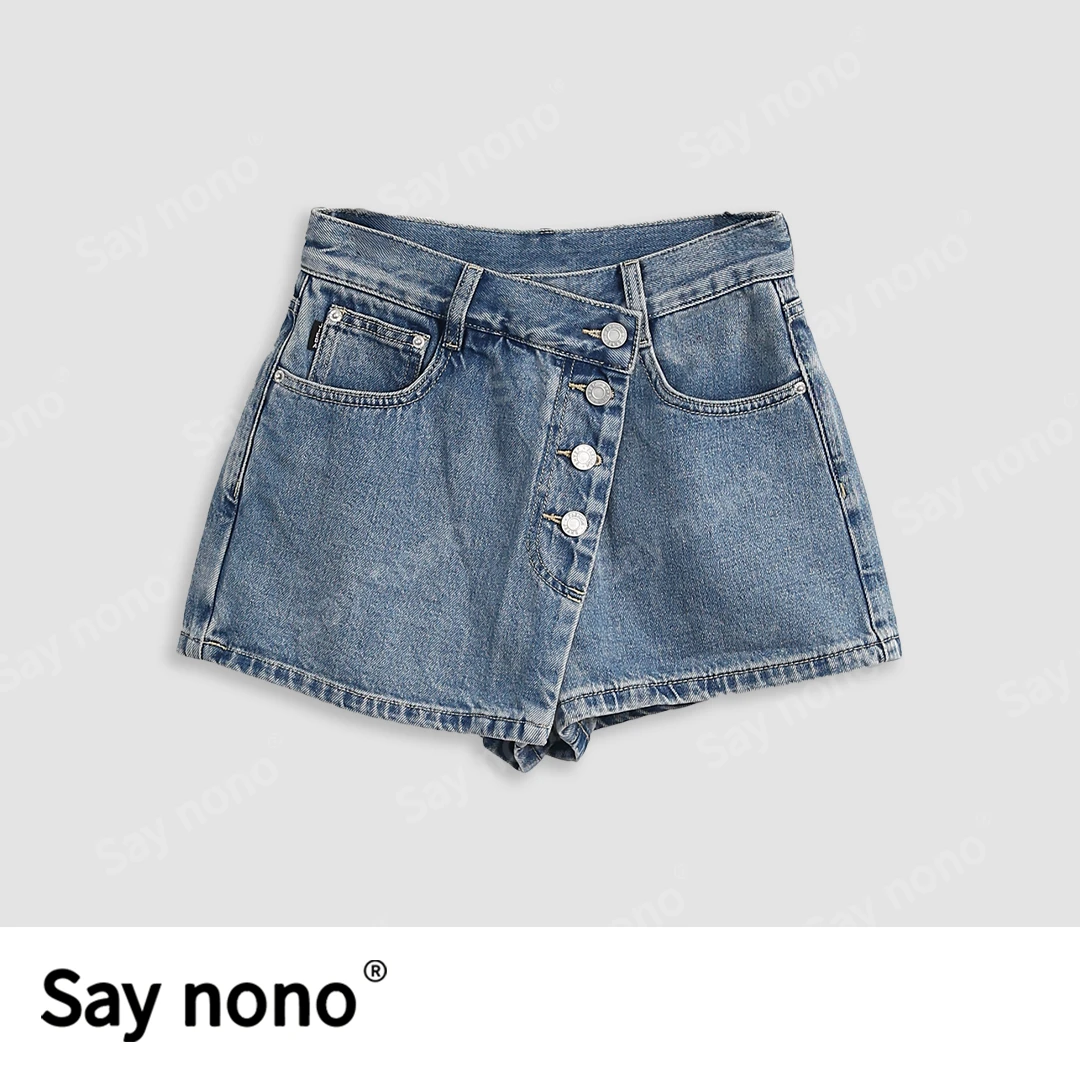 懒猫nono│Saynono 磨白复古棉质高腰斜襟拼接牛仔短裙/RCQ5069