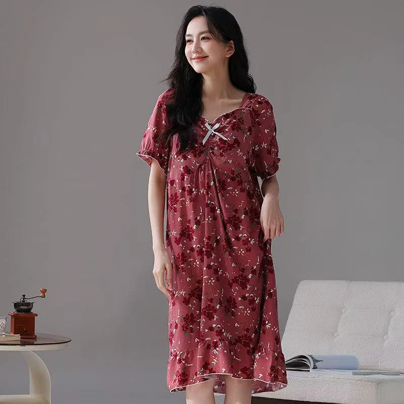 夏季女士带胸垫棉绸睡裙睡衣妈妈短袖连衣裙大码薄款防凸点家居服