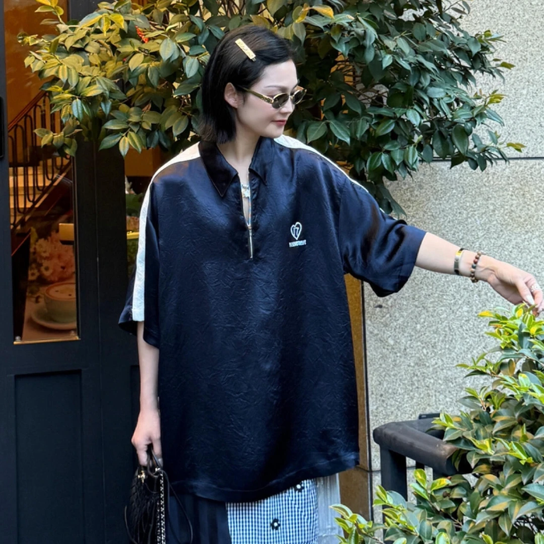 【现货】十七藏青polo T恤2025夏新品撞色半拉链褶皱宽松短袖T恤女