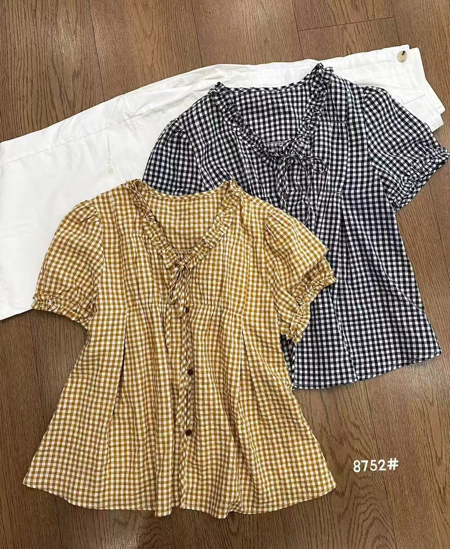 阿玉家&夏季新款韩版时尚百搭显瘦V领短袖衬衫女格子纹上衣#6971