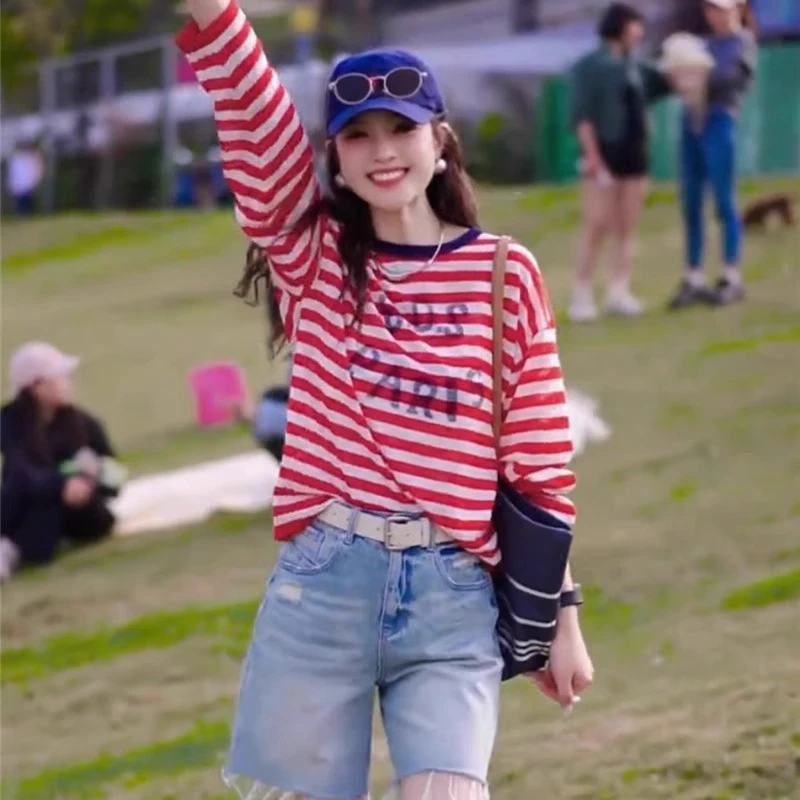 韩版时尚休闲撞色条纹上衣女春秋2025新款慵懒风宽松薄款长袖t恤