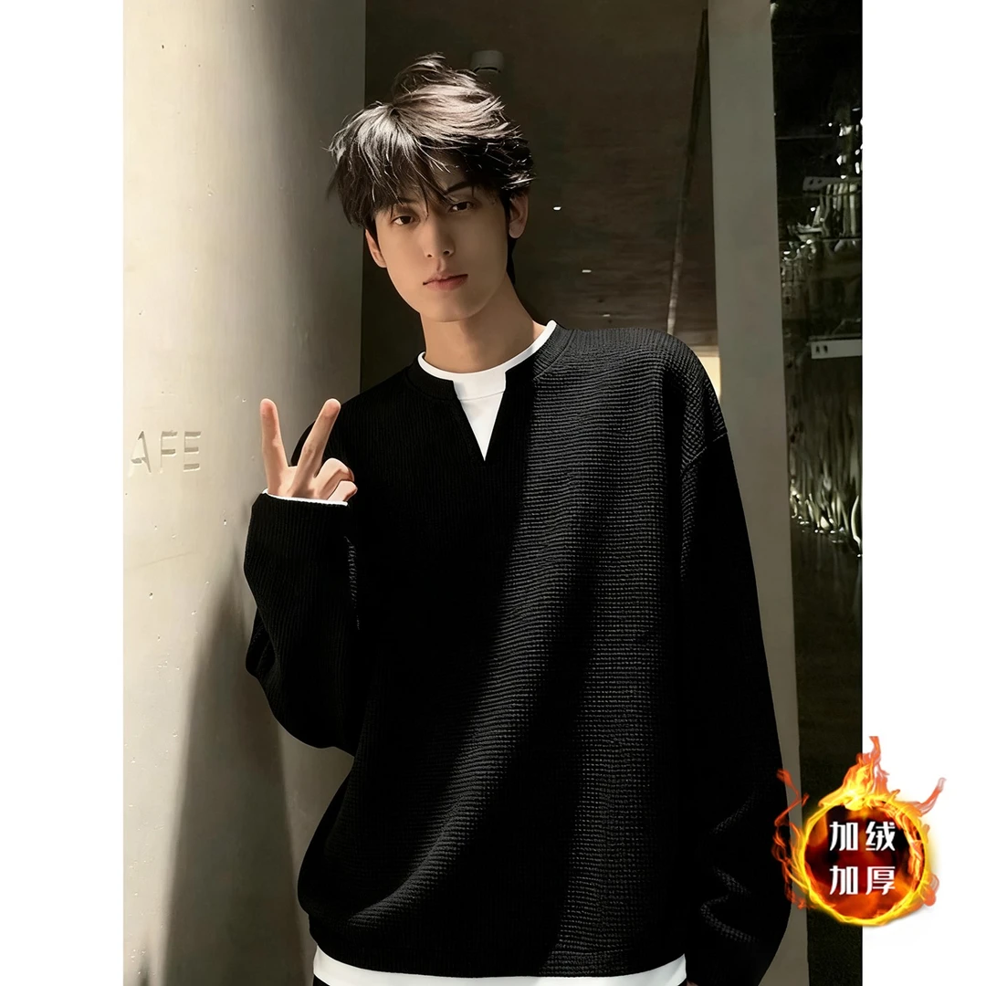 仓石一树美式重磅假两件长袖t恤男士秋冬季华夫格V领加绒内搭卫衣