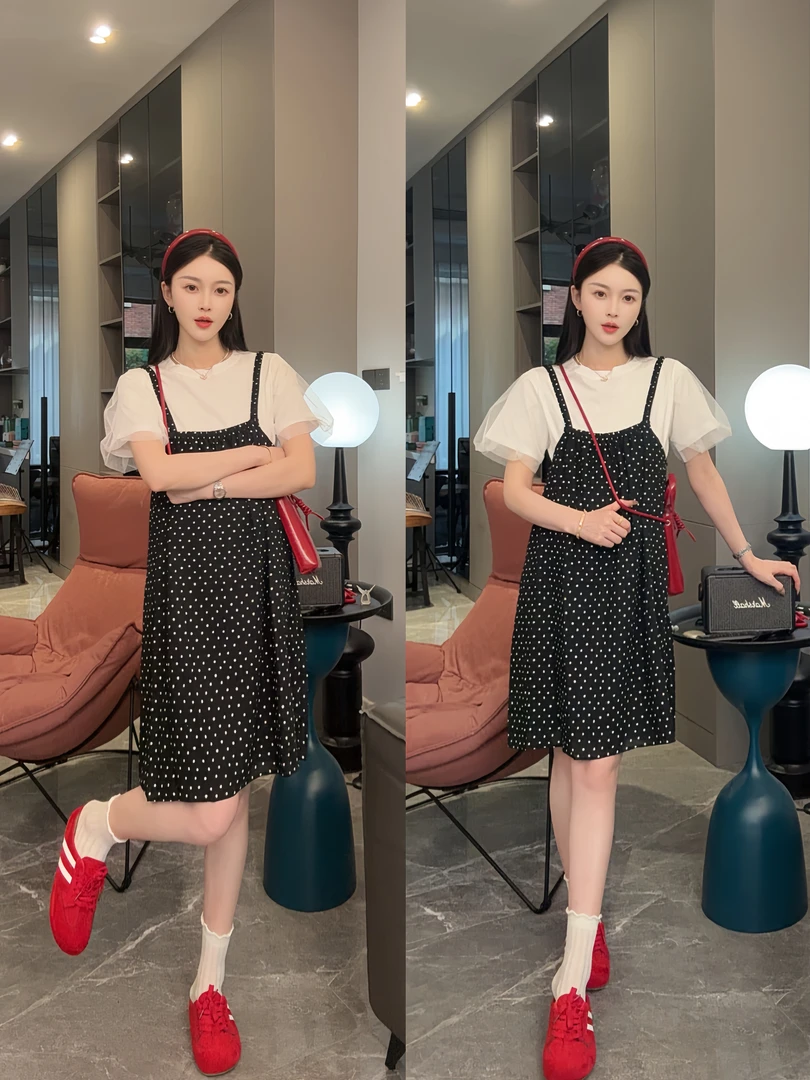 时尚孕妇装夏季新款清新减龄宽松T恤+波点吊带连衣裙套装