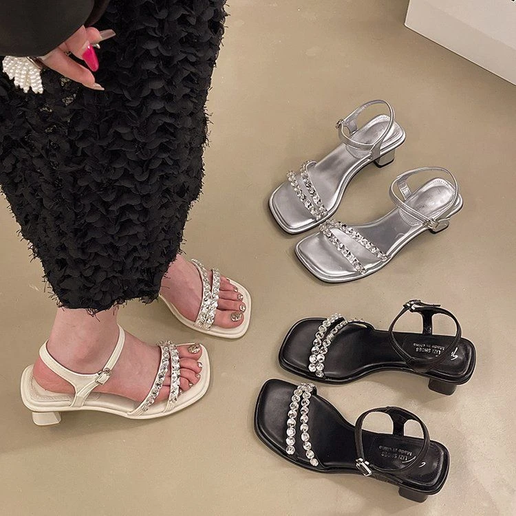 法式粗跟水钻凉鞋女夏季仙女风时尚配裙子高跟鞋罗马凉鞋