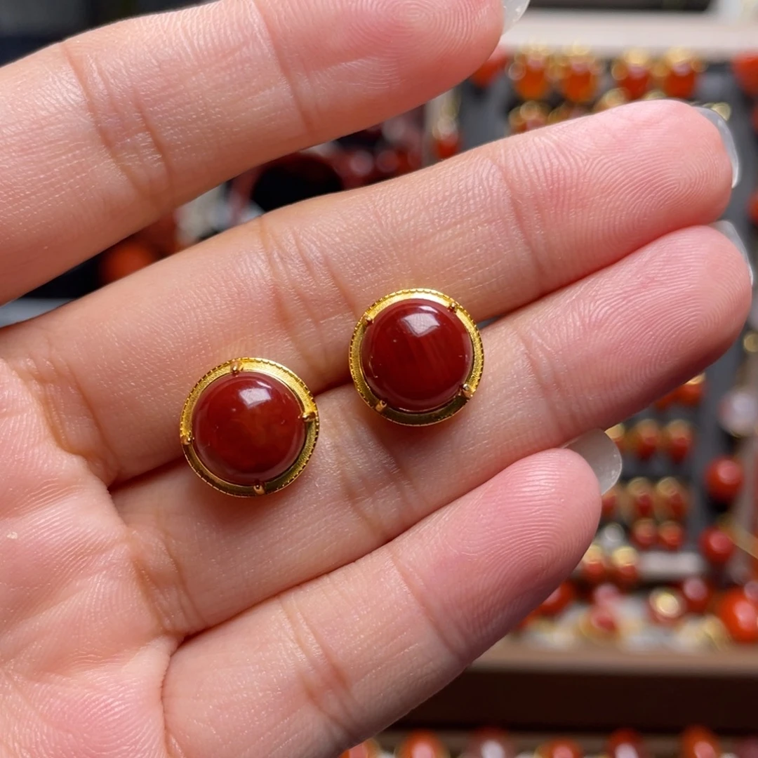 南红玛瑙银S925镶嵌圆蛋面耳钉