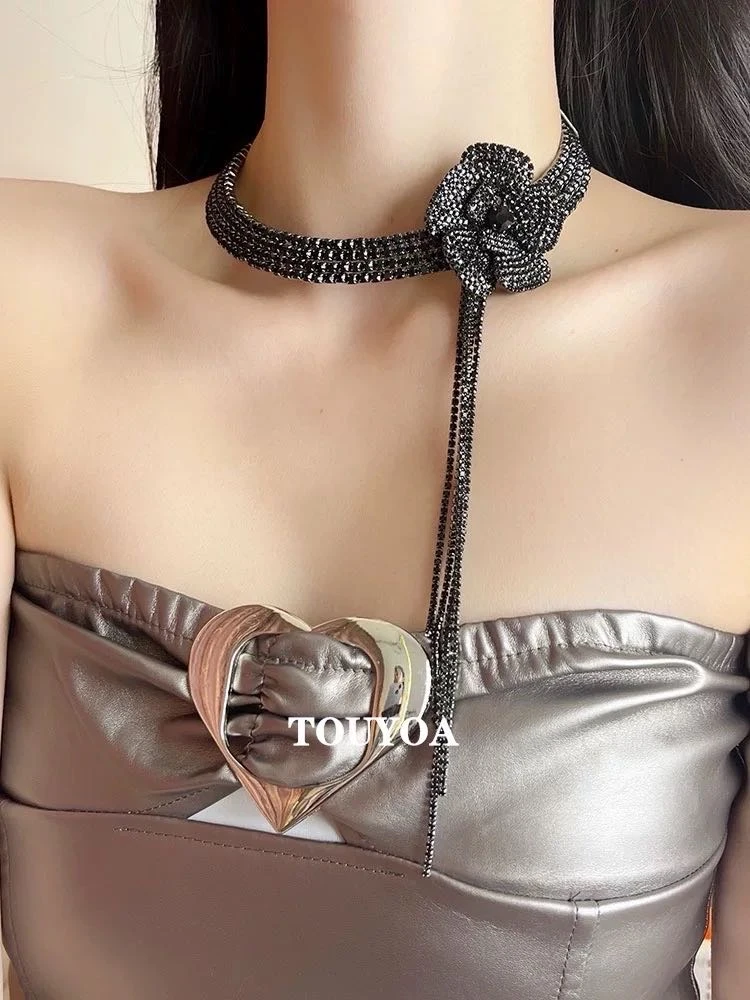 合金亚克力项链 JUDIAN-小众欧美满钻花朵流苏锁骨链8jd507493