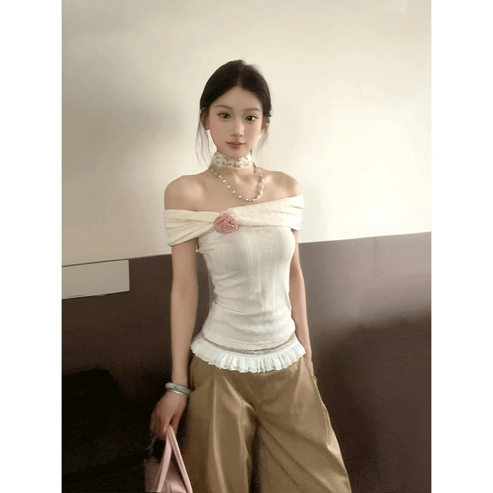 法式气质高级感一字肩短袖t恤女夏季辣妹修身超好看别致漂亮上衣