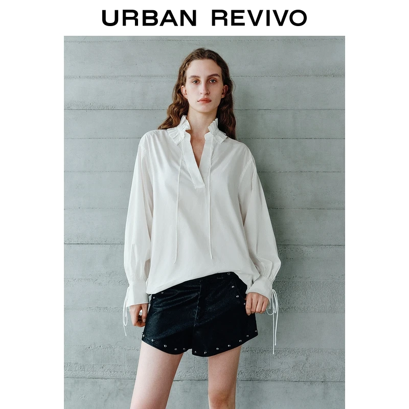 UR2026春季新款女装法式休闲荷叶领系带罩衫衬衫UWH250146