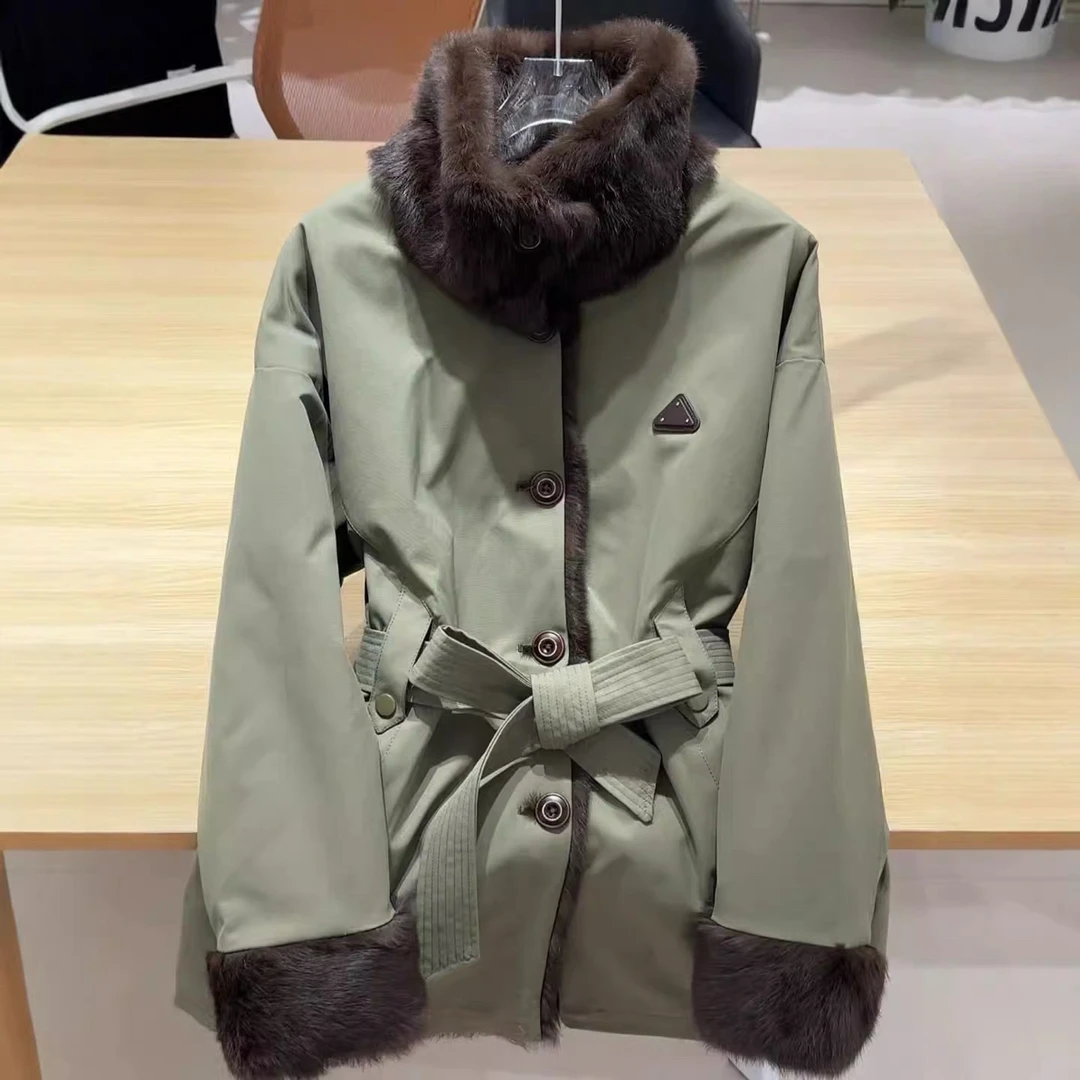 『瑞小美』2025年新款整张兔毛内胆两面可穿腰带款派克中长款外套女